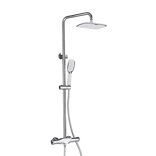 Grifo Mezclador de baño con termostato y Mezclador de Ducha con caño de bañera y Ducha de Cascada de Mano, de Ducha de Lluvia de Altura Ajustable para Montaje en Pared, 3 Funciones (Cromo)