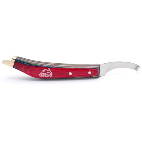 Image of Equine Care Farrier Hoof Knife, Left-Handed, Brass Cap for Horse Shoeing | Left-handed farrier hoof knife with J2 stainless steel blade, notched brass shoe topper, layered handle and flat thumb rest