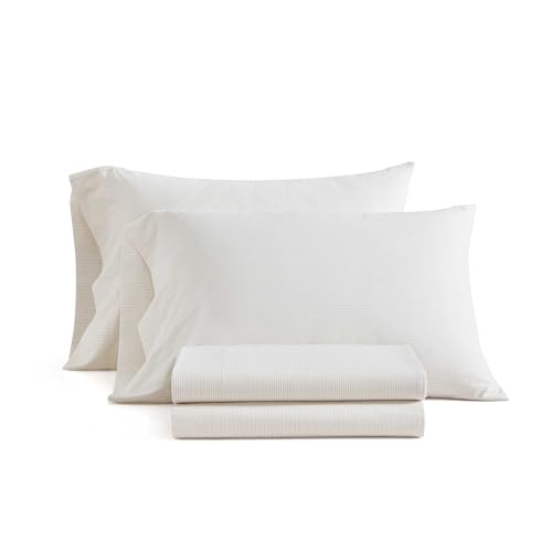 Image of Martha Stewart - Queen Size Sheets Set, Crisp & Tailored Cooling Sheets w /a Naturally Smooth Cotton Percale Lightweight Feel - Bed Sheets with Matching Pillowcases & Fitted Sheet (Stripe White)