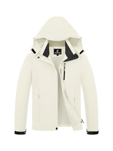 SaphiRose Womens Waterproof Rain jacket Lightweight Active Outdoor Raincoat with Removable Hood (Cream,Small)