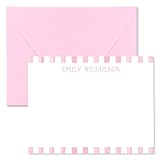 Personalized Stationery Note Card & Envelope Set for Children, Watercolor Stripe Border Design Personalized with Name in Cute Font, Thank You Card Stationery for Kids (Pink)