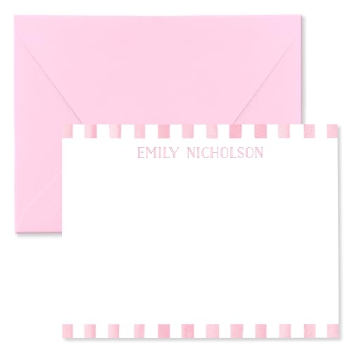 Personalized Stationery Note Card & Envelope Set for Children, Watercolor Stripe Border Design Personalized with Name in Cute Font, Thank You Card Stationery for Kids (Pink)