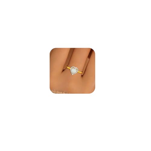 Opal Heart CZ Promise Ring for Women 925 Sterling Silver Love White Opal Engagement Band CZ Ring 14k Gold Plated to Daughter Mom Dainty Stackable Ring Wedding Christmas Jewelry Gifts for Her