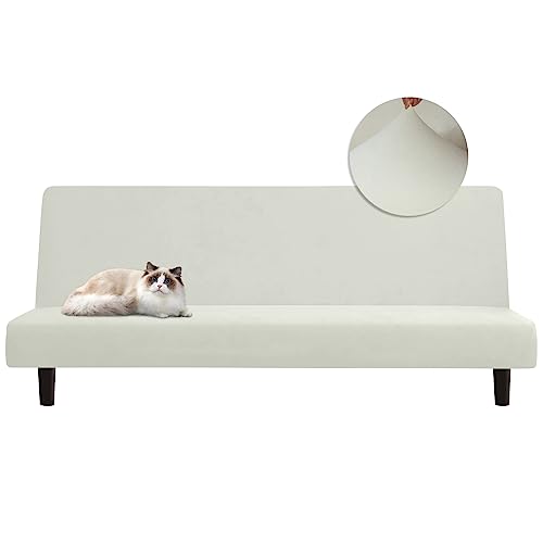 Futon Cover Stretch Armless Sofa Cover Futon Couch Slipcover Velvet Anti-Slip Sofa Bed Slipcover Full Folding Furniture Protector with Elastic Bottom,Velvet#Ivory