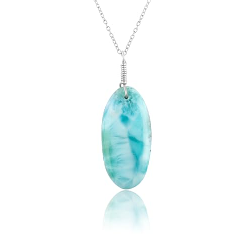 GEMKORA Larimar Crystals Cabochon Gemstone Crystal Pendant Necklace, Polished Birthstone, Healing Stone, Christmas Day Gift, Silver Jewellery 18 inch
