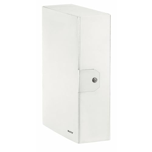 Leitz - Scatola portadocumenti con chiusura a bottone, Cartella progetti in cartone plastificato, Bianco metallizzato, 24 x 35 x 10 cm, 39680001