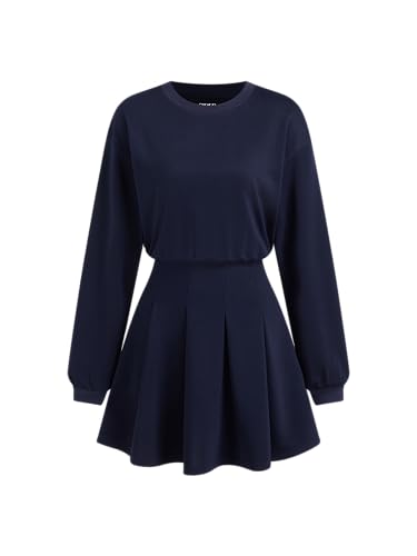 CIDER Sweater Dress Long Sleeve Pleated Mini Dress Crew Neck Dark Navy at Amazon Women's Clothing store