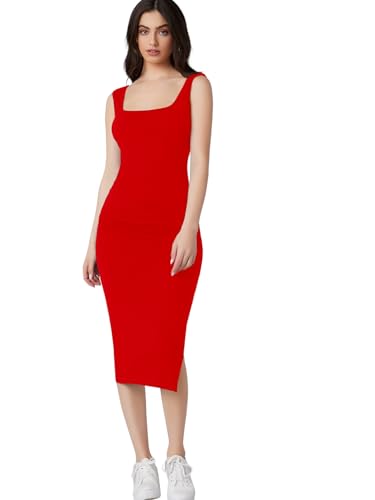 Image of Aahwan Royal Solid Bodycon Square Neck Midi Side Split Thigh Dress for Women's & Girl's