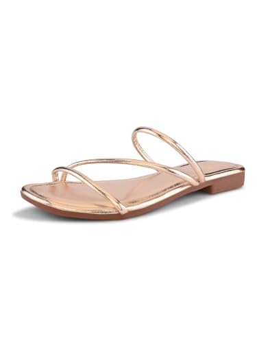 Image of XE Looks Women's Metallic Strappy Flat Sandals with Square Toe | Cushioned Footbed | Comfortable Lightweight Stylish Slip-On Open Toe Flats for Girls & Women