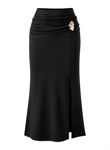 Pink Queen Black Skirts for Women Bodycon Fishtail Side Slit Boho Maxi Skirts for Women Ealstic Waist Elegant Mid Waist Solid Color Breathable Black Medium