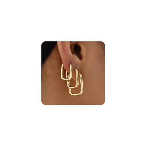 Sloong 3pairs Hoop Earrings Set 14K Gold Plated Lightweight Hypoallergenic Chunky Square Star Heart Twist Hoop Earrings Gold Rectangle Earring for Women Gift