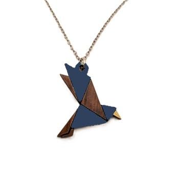 Sastree Colgante Pájaro de Madera Azul | Edición Limitada (Solo 365 Unidades) | Madera Sostenible | Joyería Artesanal y Ecológica | Detalle Pájaros Animales (Acero Inox Plata)