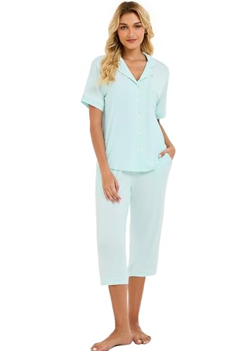 Image of LUBOT Womens Bamboo Viscose Pajamas for Women PJ Set 2 Piece Cooling Soft Short Sleeve Capri Pants Summer Sleepwear Set S-XXL