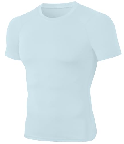 SPVISE Light Blue Men's Compression Shirt Crewneck Short Sleeve Athletic Undershirts Quick Dry Base Layer Top for Gym Workout