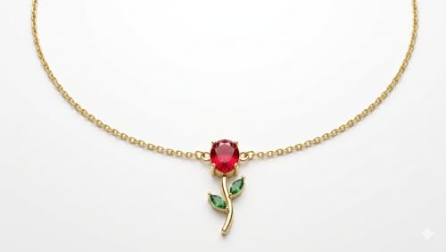Image of Tulip Flower Pendant Necklace for Women, Red Crystal Bloom, Green Leaf Accents, Gold-Plated Finish