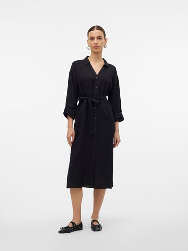 VERO MODA Vmlinn Linen Loose Calf Shirt WVN Noos sukienka koszulowa, czarny, XS