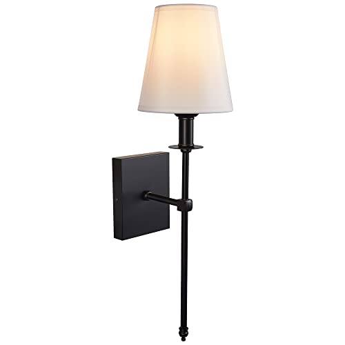 Image of Modern Black Hardwired Wall Sconces Set of 2 Slim with White Fabric Shade,Wall Lighting for Bathroom Vanity Mirror Living Room Dining Entryway Fireplace Mantel Theater Room Bedside