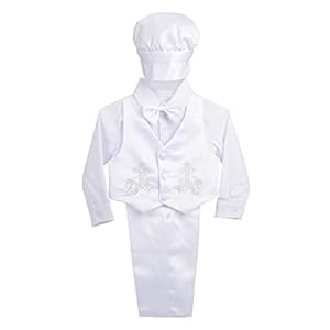 Dressy Daisy Baby Boy Satin Baptism Clothes Christening Outfit with Bonnet 5 Pieces Set Formal White Suit for Infant
