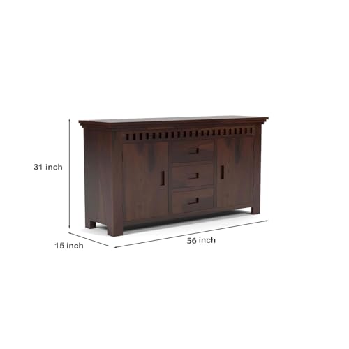 Image of Solid Sheesham Wood Wooden Sideboard Storage Cabinet & Chest of Drawer : Ideal for Living Room and Bedroom with 3 Drawers and 4-Shelf Storage (Carter, Walnut Finish)