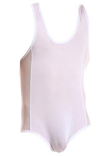 ONEFIT Men's Mesh Bodysuit Underwear Wrestling Singlet Lingerie Jumpsuit M White