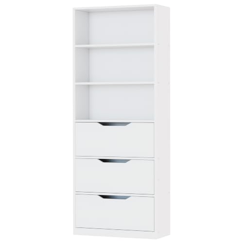 Image of Shintenchi Bookshelf,6-Tier Bookcase with 3 Drawers, 6 Shelf Display Storage Shelves Floor Standing 70.6 inches Tall Bookcase for Home Office, Living Room (White)