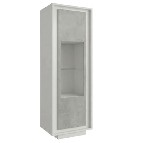 AltoBuy Vitrine 1 Porte Blanc laqué façades Aspect Ciment et Verre piètement Socle - AZONTO