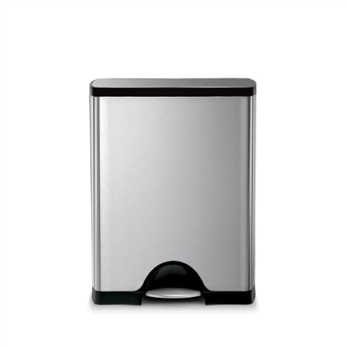 simplehuman Rectangular Dual Compartment Recycling Kitchen Step Trash Can, 46 Liter, Brushed Stainless Steel