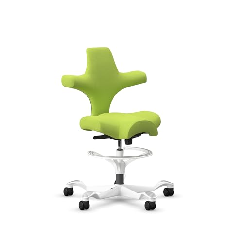 Image of HAG Capisco Sit to Stand Chair-White Frame-Upholstered Bright Green-with Foot Ring