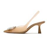 keleimusi Clear Slingback Heeled Shoes for Women Crystal Rhinestone Pointed Toe Wedding Kitten Heels Sandals, Nude, 7 UK
