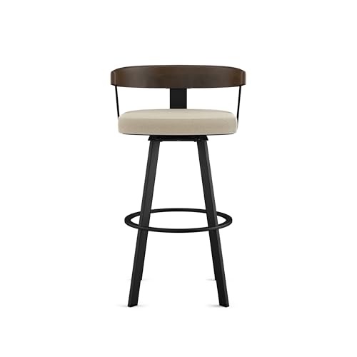 Image of Amisco Lars 26 inch Swivel Counter Height Barstool, Upholstered Stool with Solid Wood Back and Arms for Kitchen Island or Bar, Drees Stool, Cream Boucle Polyester /Brown Wood /Black Metal