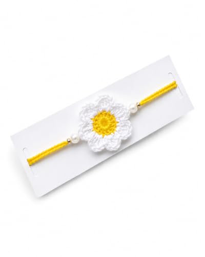Image of Handmade Crochet Floral Rakhi Set with Pearl Accent | Designer Raksha Bandhan Gift Combo (Pack of 3), sunflower,daisy and evil eye
