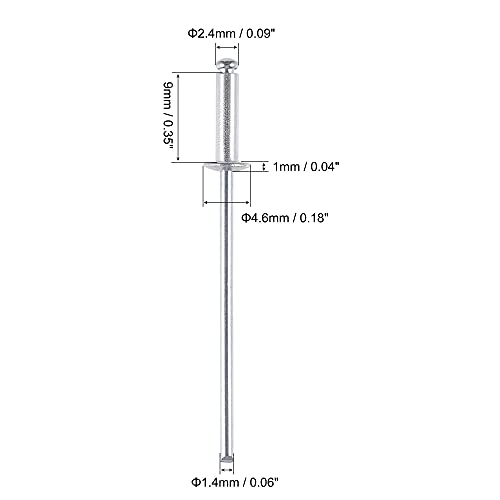 sourcing map 60 Stk. Blindnieten Aluminium Zugnieten Kerndekorationsnieten 2,4mm Durchm. 9mm Grifflänge Silber