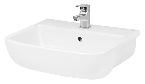 Balterley 520mm Bathroom Sink, Semi Recessed Ceramic Soft Square Bowl Bathroom Wash Basin Sink with Overflow, 1 Tap Hole, Basin Sinks for Countertops and Worktops - 520 x 425 x 175mm (White)