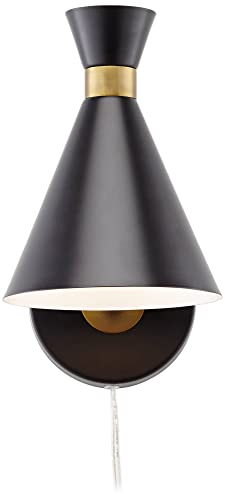 360 Lighting 55K59 Venice Mid Century Modern Wall Lamps Set Of 2 Matte Black Brass Gold Metal Plug-In 6 1/4 Inch Fixture Cone Shade thumb #6