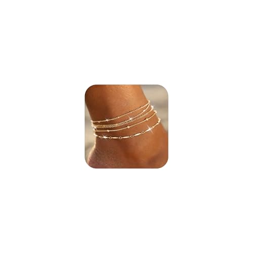 Qceasiy Ankle Bracelets for Women, 14K Gold Plated Adjustable Layered Heart Daisy Anklet, Summer Beach CZ Foot Jewelry Gifts Sets (Gold 5Pcs)