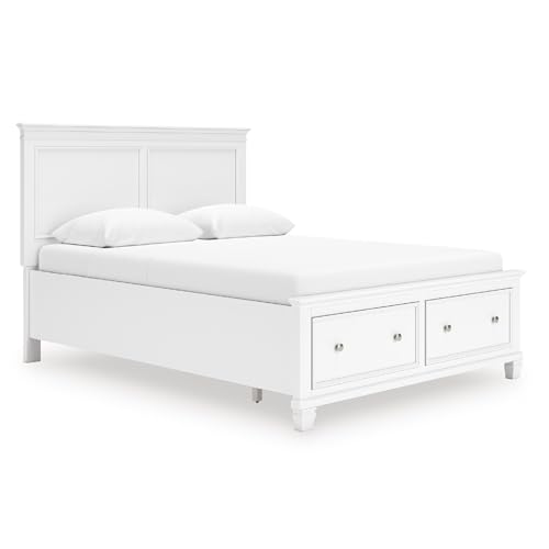 Image of Signature Design by Ashley Fortman Queen Panel Storage Bed with Drawers | White farmhouse aesthetic with deep footboard drawers, Hardwood solids and MDF substrate, Laminated LVL roll slats