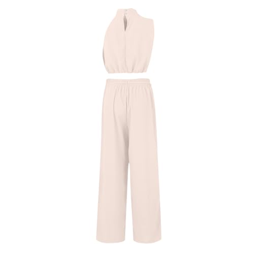 HGps8w 2 Piece Outfits for Women Dressy Satin Mock Neck Sleeveless Crop Top Blouse & Wide Leg Pants Elegant Office Party Sets3