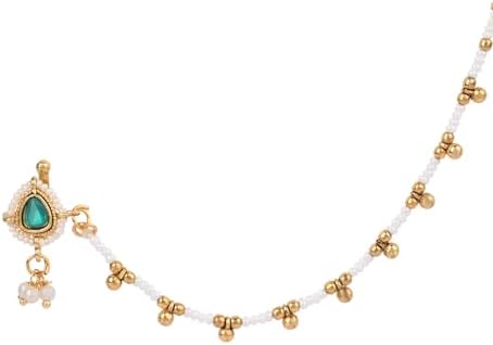 Gold Plated Traditional Ethnic Bridal Nose Ring/Nath Without Piercing with Chain and Stone for Women