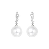 Pendientes de gota para mujer, elegantes aretes de oro blanco con diamante y perla, 8,5-9 mm, Metal, Perla Diamante