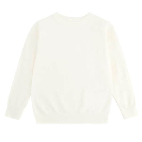 chickiddos Boys&Girls' Uniform Cotton Crewneck Sweater, Long Sleeve Pullover Thermal Wool Solid Knit Top (US, Age, 7 Years, 8 Years, White)