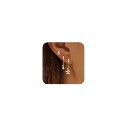 Image of Gold Plated Earrings for Women, 14k Gold Plated Earring Stack Hypoallergenic Pearl Drop Earring Dainty Earrings for Women Trendy Cute Small Huggie Hoop Earring Fashion Womens Jewelry