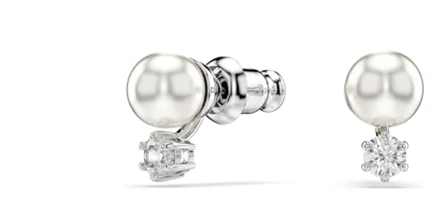Matrix stud earrings Crystal pearl, Round cut, White, Rhodium plated2