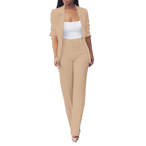 Conjunto de mujer elegante y curvo, chaqueta formal para negocios, ligera, pantalones y chaqueta de manga larga, traje de oficina, ropa de trabajo, Caqui., XXL