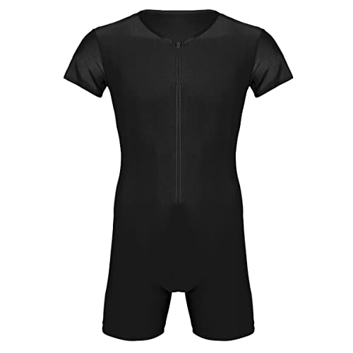 TiaoBug Herren Body Stringer Bodysuit Overall Unterhemd Männer Unterwäsche Enger Anzug mit langem Bein Schwarz Kurzarm L