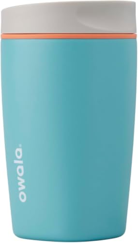 Image of Owala SmoothSip Slider Insulated Stainless Steel Coffee Tumbler, Reusable Iced Coffee Cup, Hot Coffee Travel Mug, BPA Free 12 oz, Grey /Blue (Beachy Breeze) (Pack of 8)