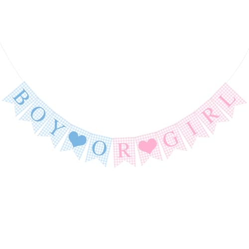 Hahafelt 1 Pcs Blue Pink Gingham Boy or Girl Banner for Party Decorations Blue Pink Pre Strung Baby Shower Boy or Girl Gender Reveal Paper Banner for Table Wall or Mantel Display Party Decor Supplies