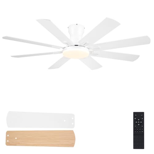 Image of JSAITEE Ceiling Fans with Lights, 52 Inch Low Profile Ceiling Fan,White | Ceiling FanCeiling with Light Flush Mount, DC Reversible Motor, Noiseless, White 6 Speeds Ceiling Fan for Bedroom