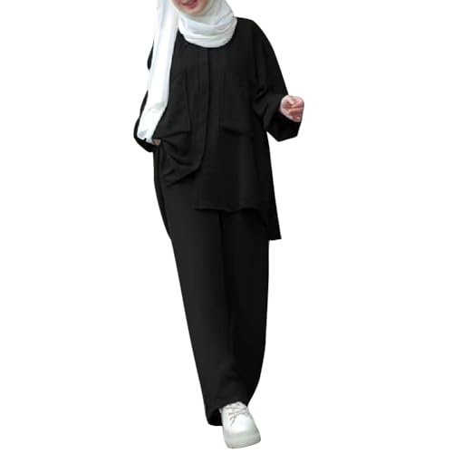ODIZLI Muslim Long Sleeve Blouse Wide Leg Pants Suits Autumn Solid Abaya Women Matching Sets 2PCS Tracksuits Turkey Kaftan