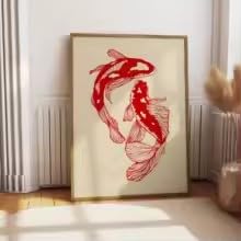 KEMEIQI Poster su tela giapponese con carpe koi rosse e carpe koi blu portafortuna per la decorazione moderna del soggiorno (80 * 120x2 cm/cornice)