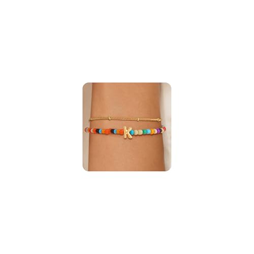 Image of Eaciy Colorful Initial Bracelets for Women Girls - 14K Gold Plated Initial Letter Daint A-Z Charm Bracelet Summer Jewelry Teen Girl Gifts for Teen Kids